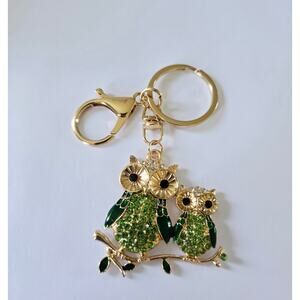 Gold Green Rhinestone Owl Bag Charm Key Chain New